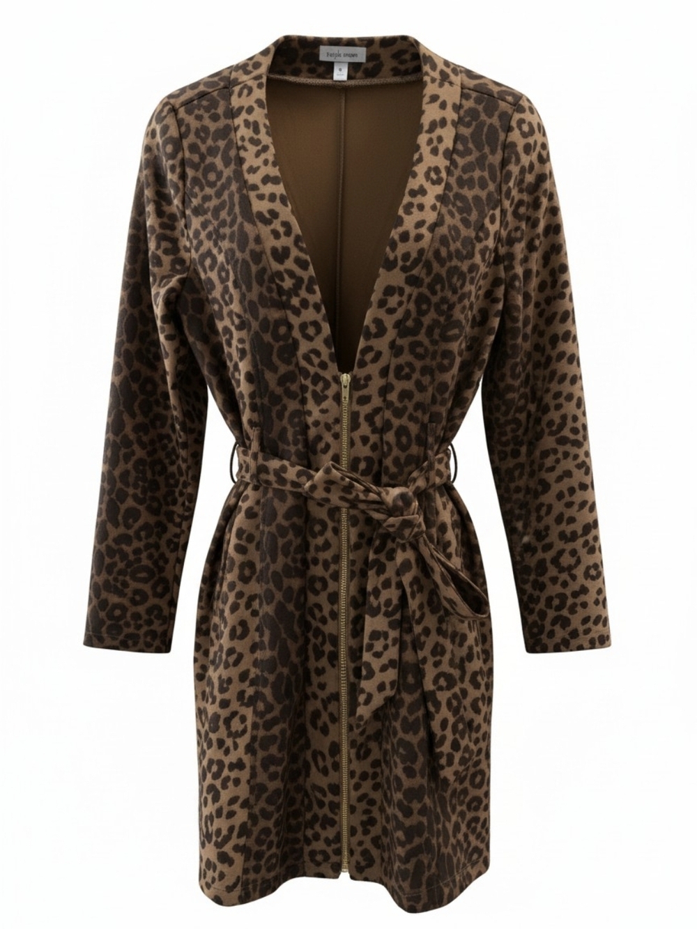 Leopard-Print Zip Over Coat with Tie Belt - Brown